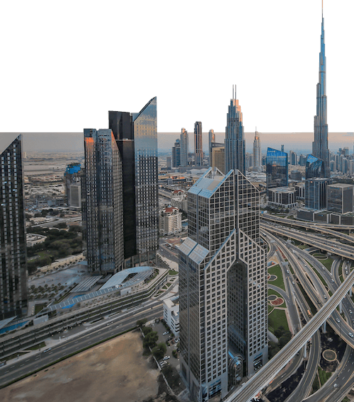 Skyscrapers of Dubai and the huge road network indicating the global indices of the region.