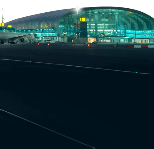 Dubai Airport image with airlines in green color scale. 