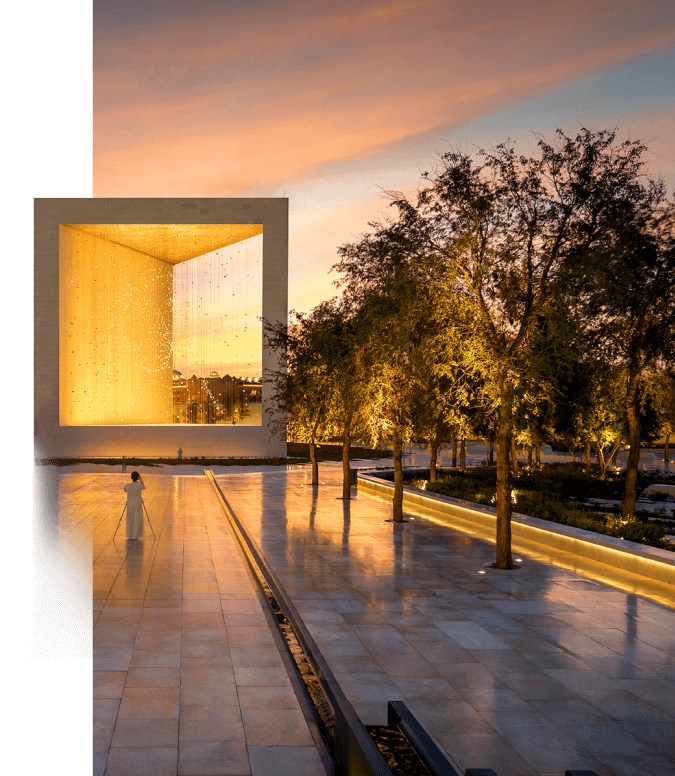 A huge square structure in a setting sunset - with orange scenic beauty