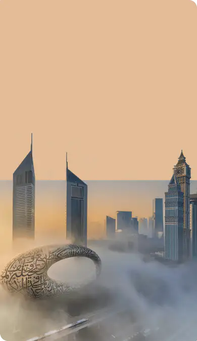 Modern Dubai skyscrapers in fusion with desert look 