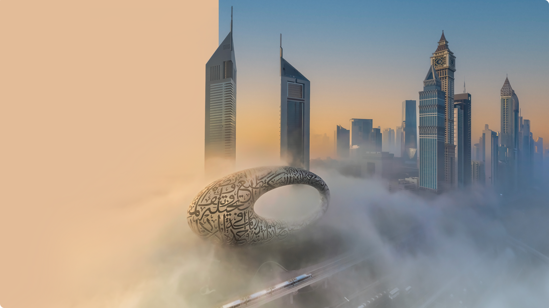 Image of Dubai iconic museum and the shade of desert on other side  